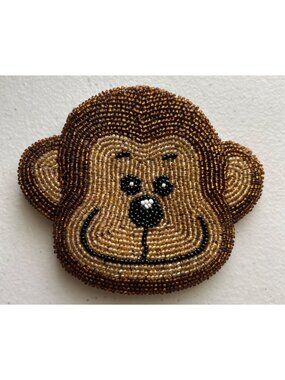C. Marie Beaded Monkey Coin Purse With Zipper Handmade Brown & Gold Small Size